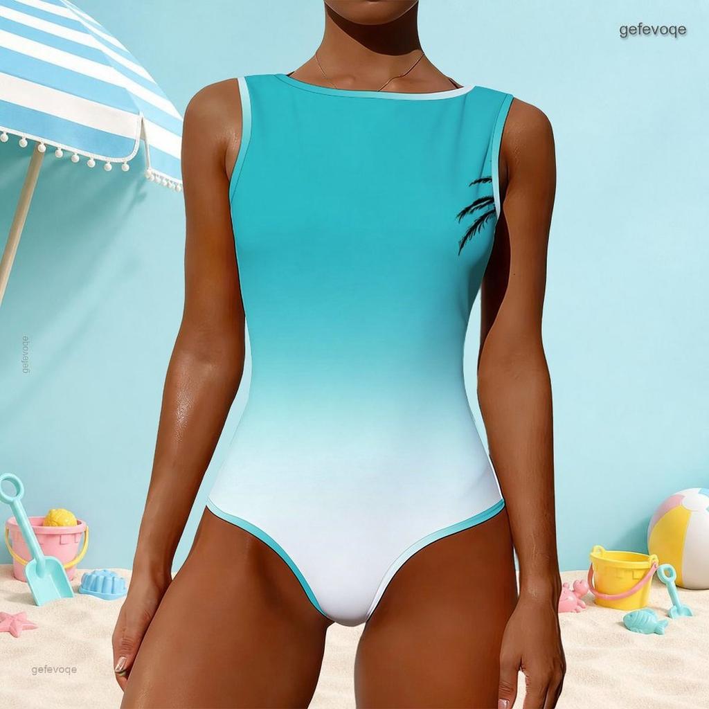 Women Plus Size High Round Neck Sleeveless One Piece Clover Printed Swimsuit