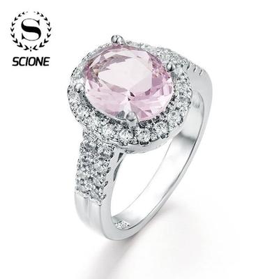 Silber 925 Schmuckring Neuer rosa Kristall Diamantbesetzter eiförmiger Ring - Rosa Zirkon Verlobung Handschmuck