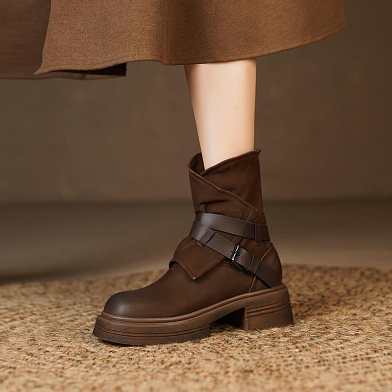 Brand Heavy British Retro Genuine Leather Lace-Up Martin Boots, Chunky Mid-Heel Ankle Design for Women