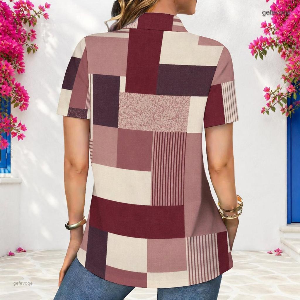 Women Plus Size Collared Neck Short Sleeve Color Block Printed Button Front Shirt