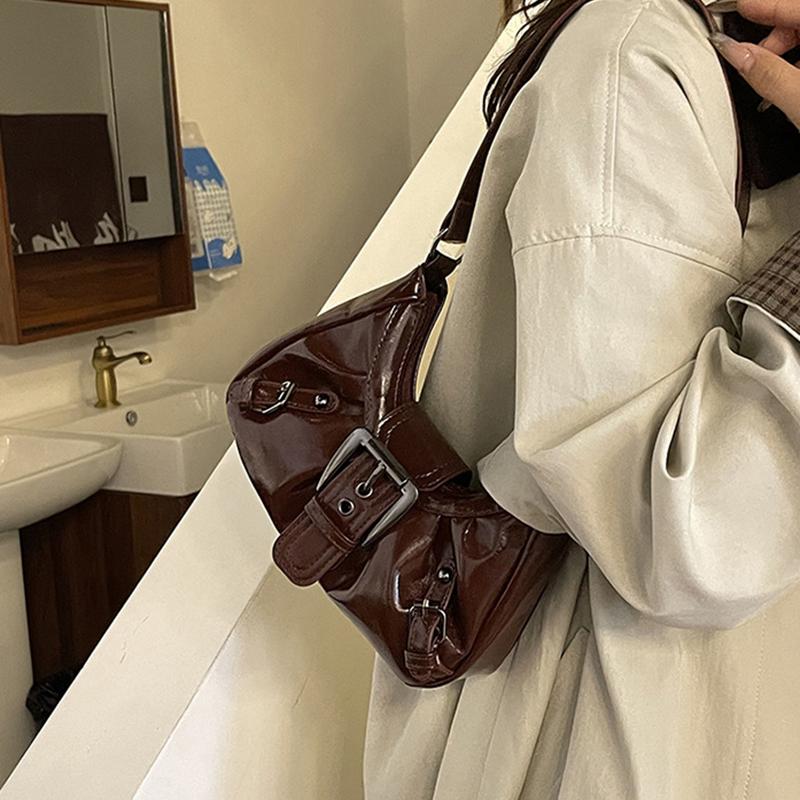 Yogodlns Vintage PU Leather Shoulder Bag for Women Y2K Spicy Girl Trend Maillard Style Underarm Bag High Quality Women Handbags