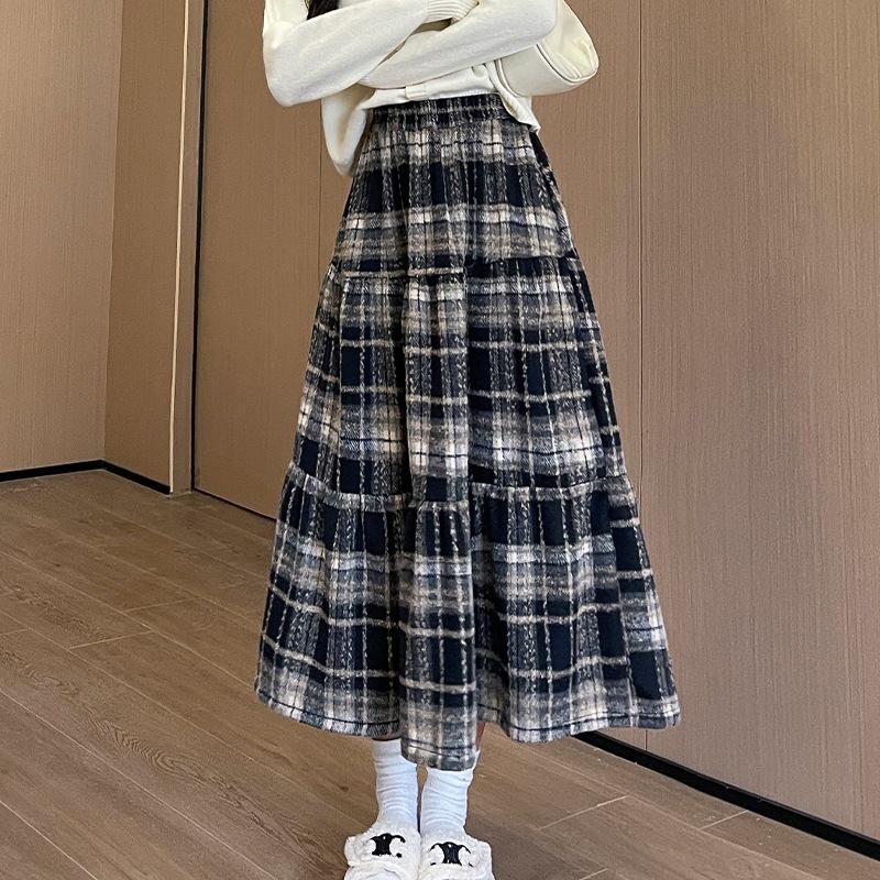 Vintage Plaid Wool A-line Skirt for Women - High Waist, Mid-Length, Autumn/Winter 2025 Collection