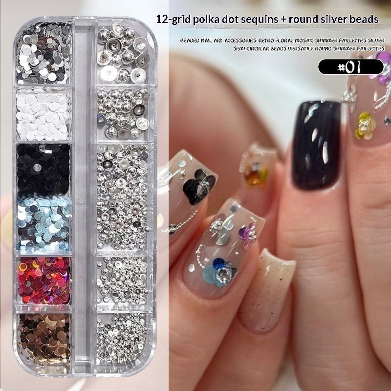 3D Floral Polka Dot Nail Glitter Sequins 1 Box 6/12 Grids Spliced Design for Professional Manicure Salon