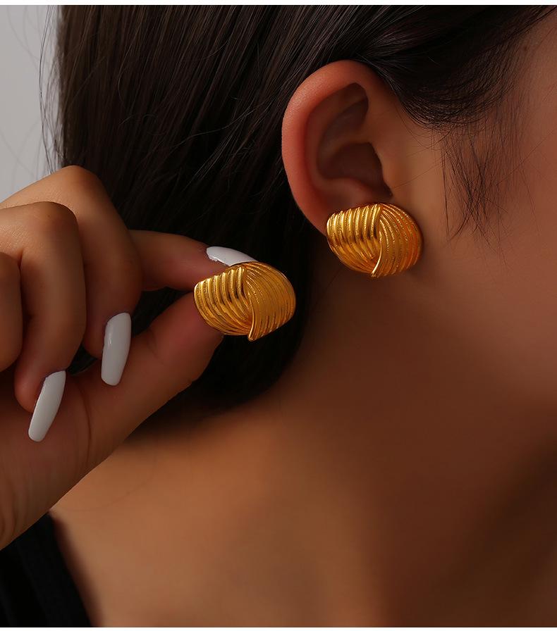 18K Gold Plated Titanium Steel Textured Earrings and Ring Set for Women