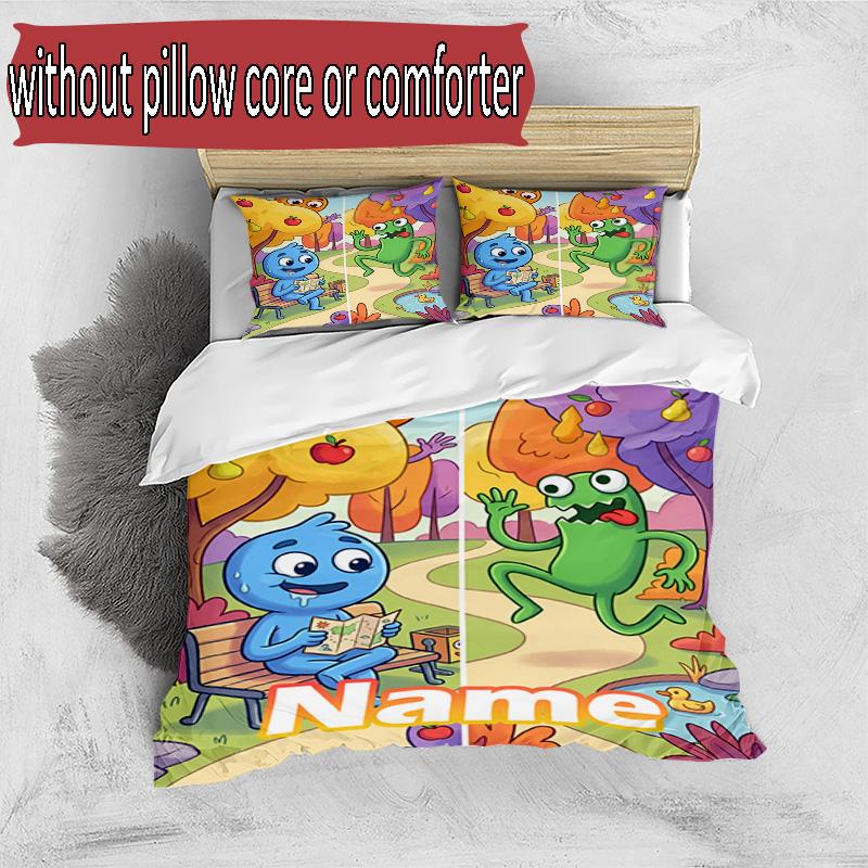 3pcs Duvet Cover Set (1*Duvet Cover + 2*Pillowcase, Without Core), Custom Name Game Rainbow Friends Pattern Bedding Set, Home Bedroom Decor Gift