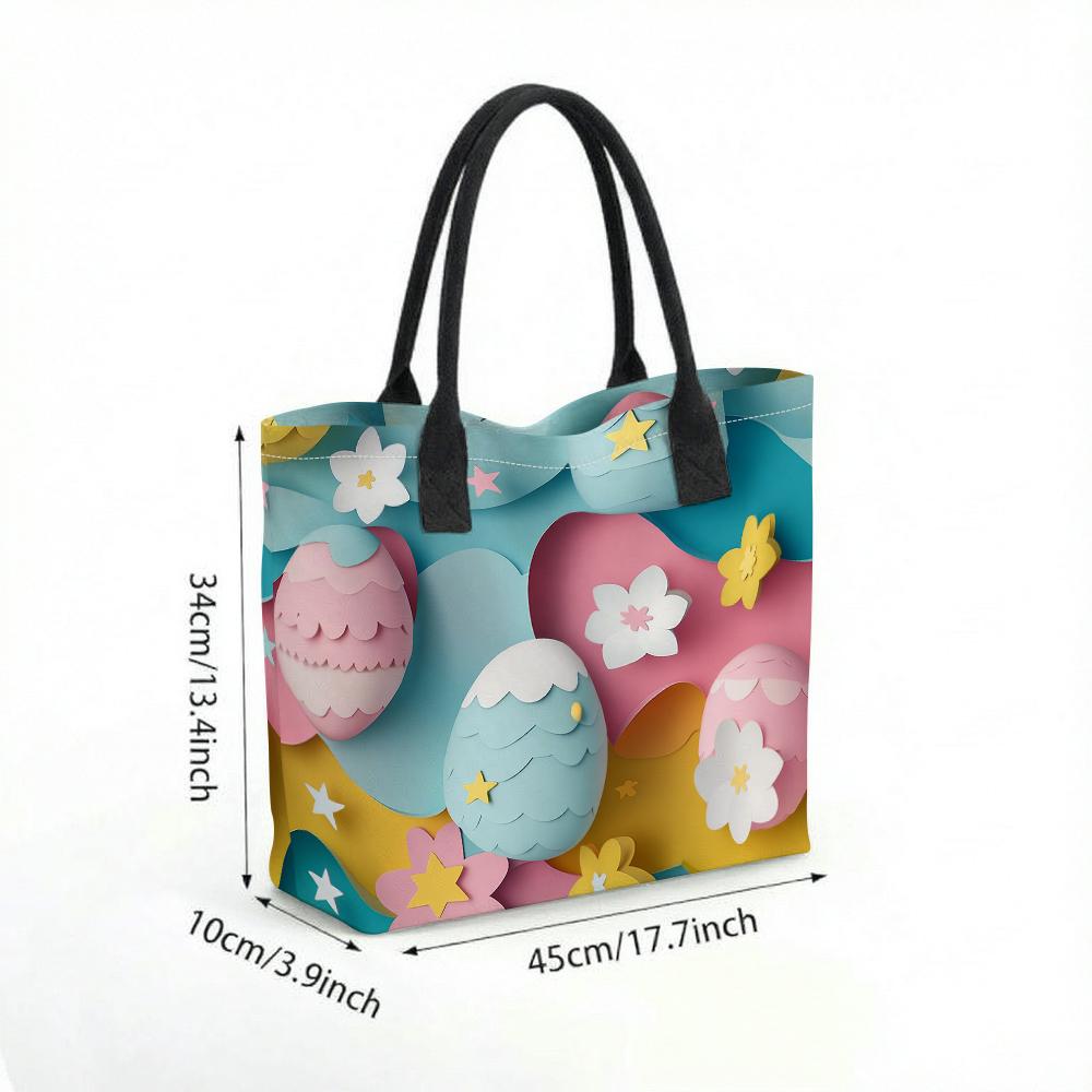  Cute Easter Egg Printed Tote Bag Casual Reusable Shopping Handbag for Daily Use