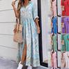 Spring Women's Casual Loose Printed Beach Dress with Lapel and Mid-Sleeve Pockets