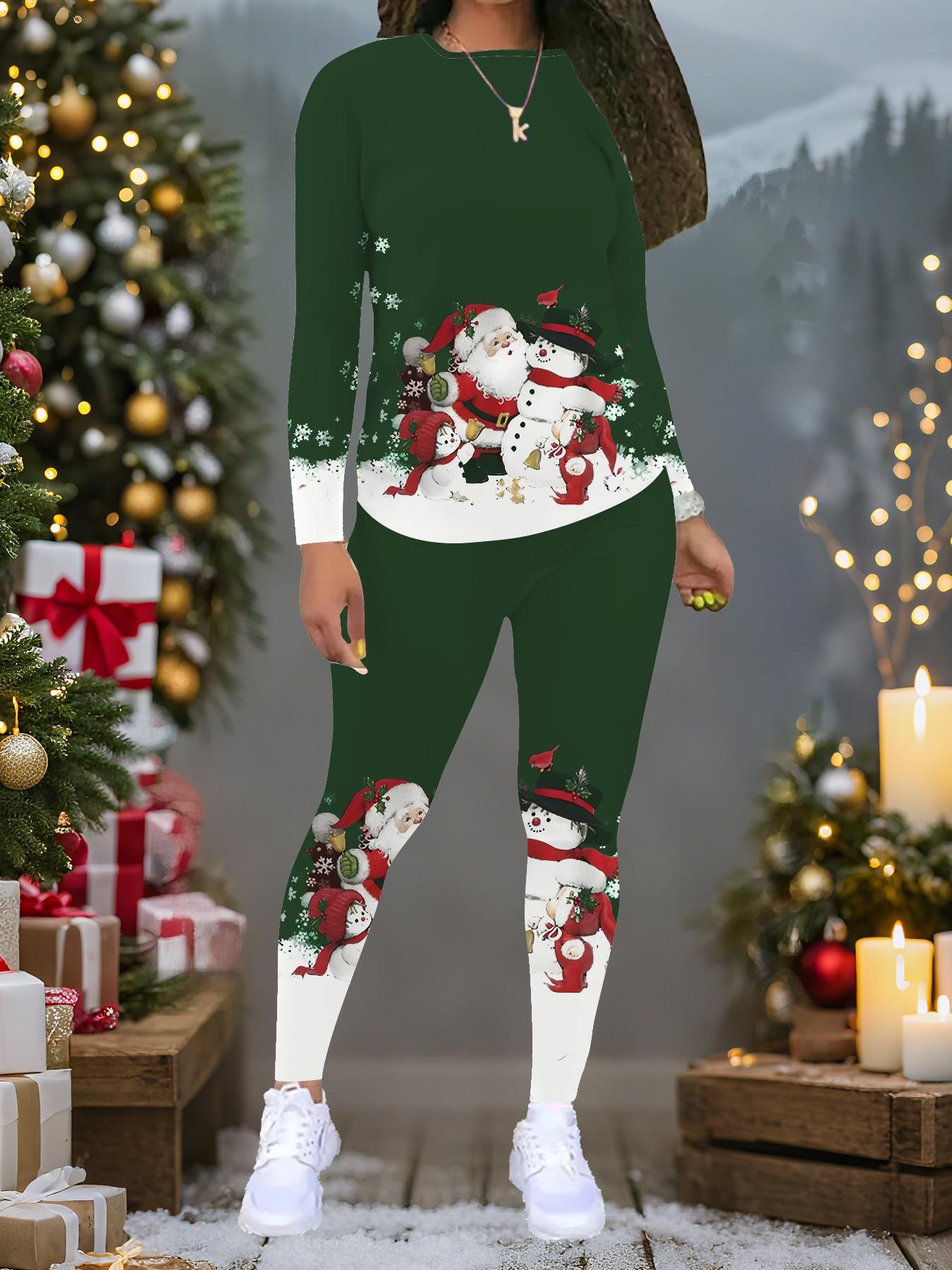 

Женский рождественский костюм-двойка с принтом: Топ с длинным рукавом и круглым вырезом и брюки, праздничный лимитированный повседневный костюм для вечеринки в подарок XXL зелёный
