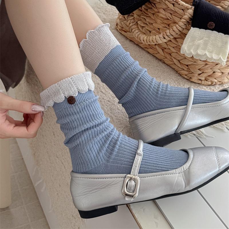 Ladies Autumn Winter Flanging Button Lace Mid Tube Stack Socks