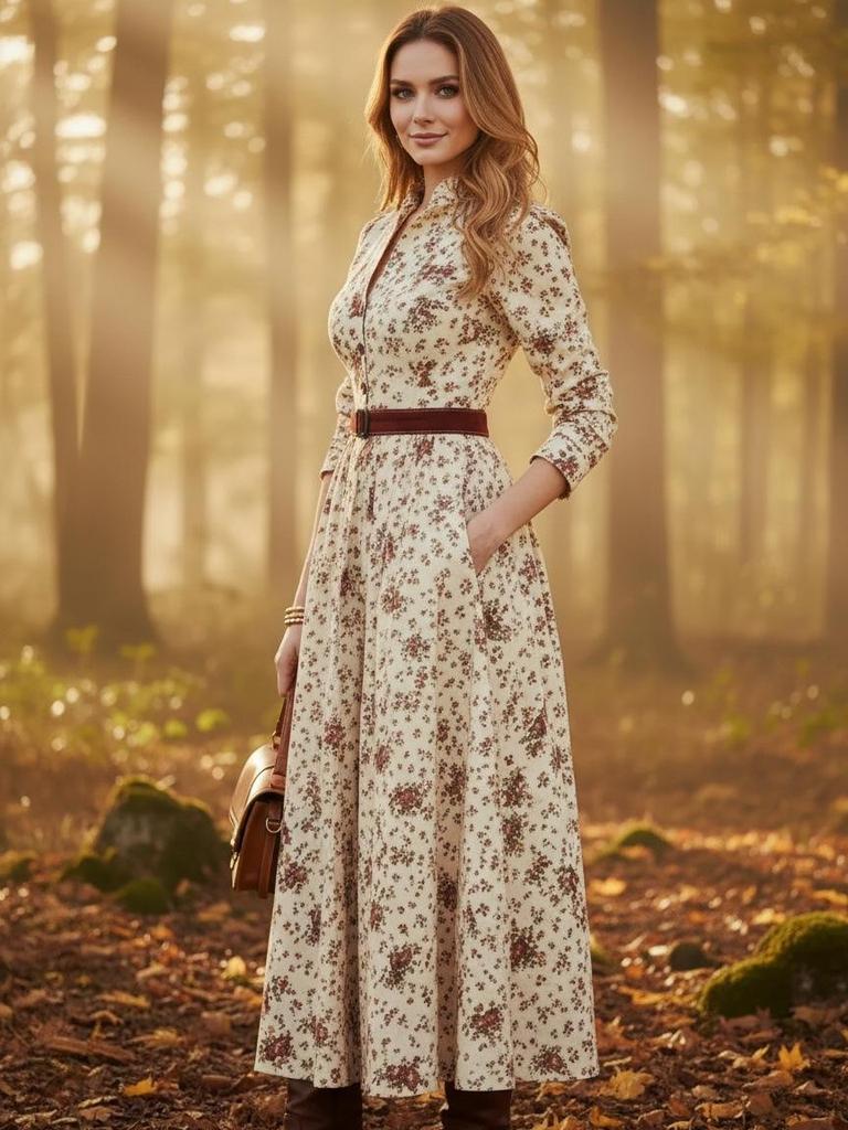 Retro Print V-Neck Waist-Cinching Long-Sleeve Women's Spring Dress 2026