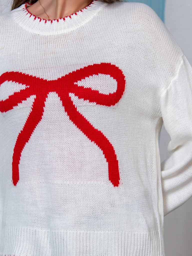 Dámský pletený pulovr s dlouhým rukávem a mašlí - Evropský a americký styl