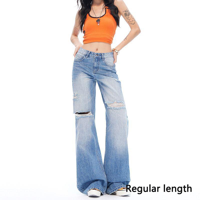 Distressed Raw Hem Micro Flare Light Tone All Match Slim Horse Hoof Denim Pants Ladies Spring Summer Casual Pants Oversize Denim Trousers