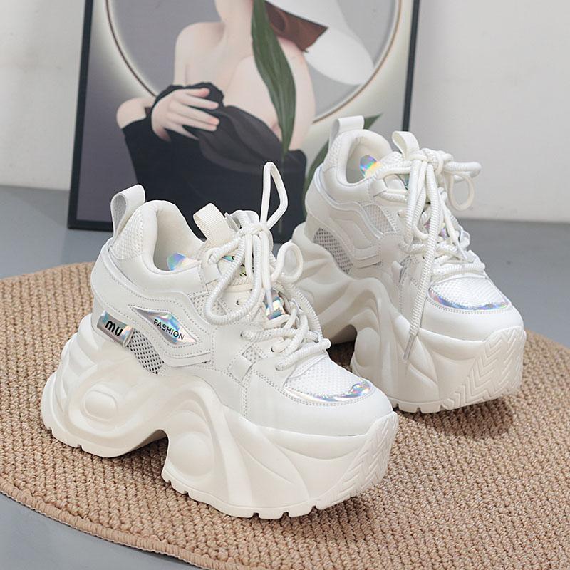 Fashion 10CM Air Mesh Microfiber Leather Chunky Sneaker Ankle Boots Shoes Women Flatform Wedge Bling High Brand Comfy Summer