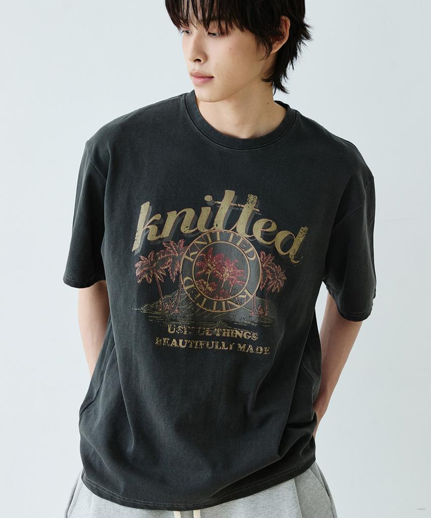 KNITTED (Unisex) Pigment Palm Tree Graphic T-Shirt Charcoal