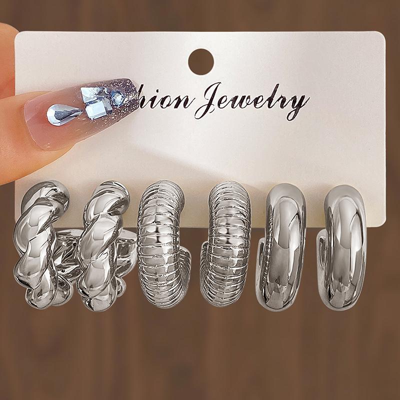 6Pcs Vintage Smooth Water Drop C-Earrings Set for Women Geometric Gold Color Circle Hoop Earring Zircon Ear Studs Jewelry Gifts