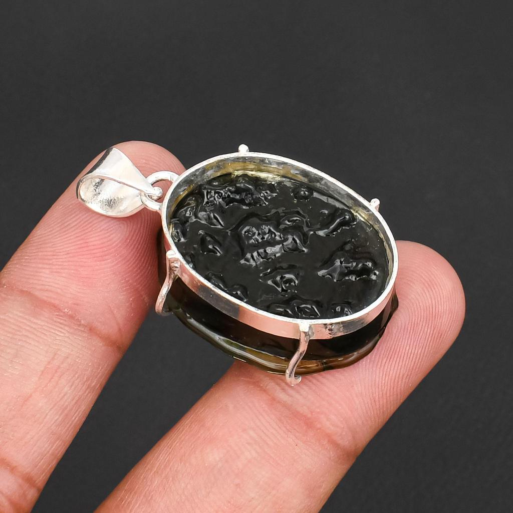 Rare Moldavite Gemstone Pendant Handcrafted Textured Stone Charm 925 Sterling Silver Plated Jewelry for Men & Women