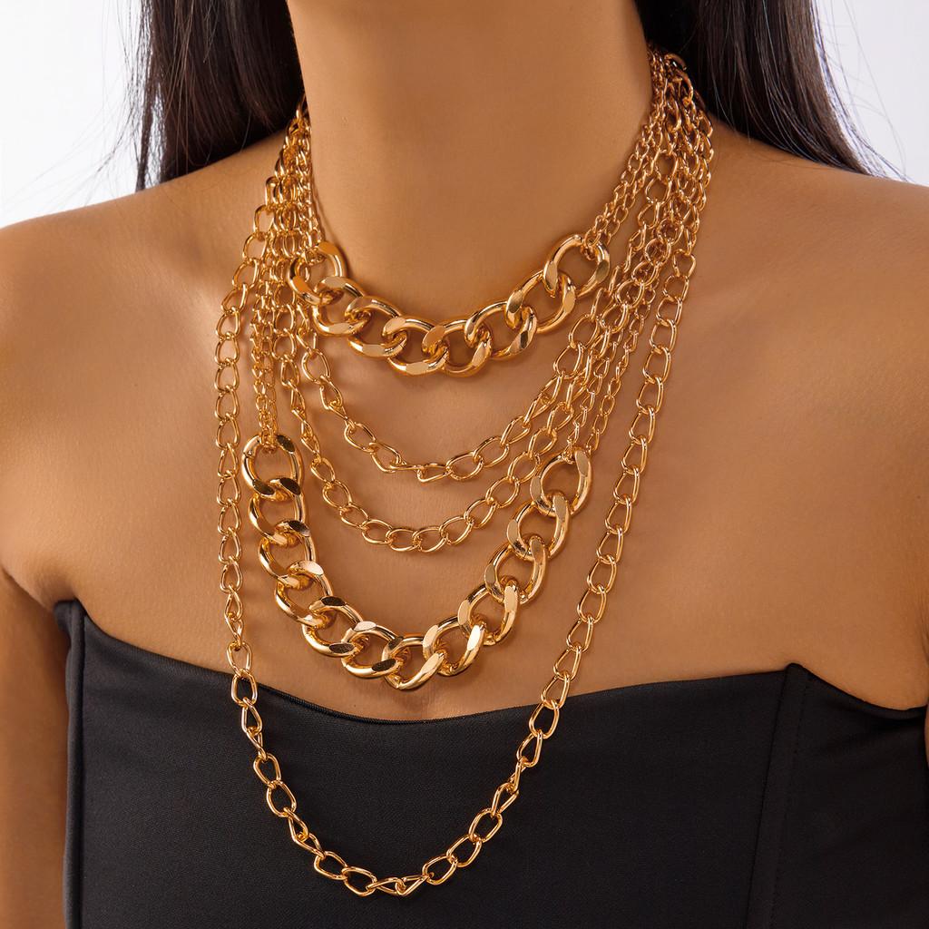 Collier Punk Géométrique Superposé Avec Chaîne Surdimensionnée Pour Femmes Et Hommes