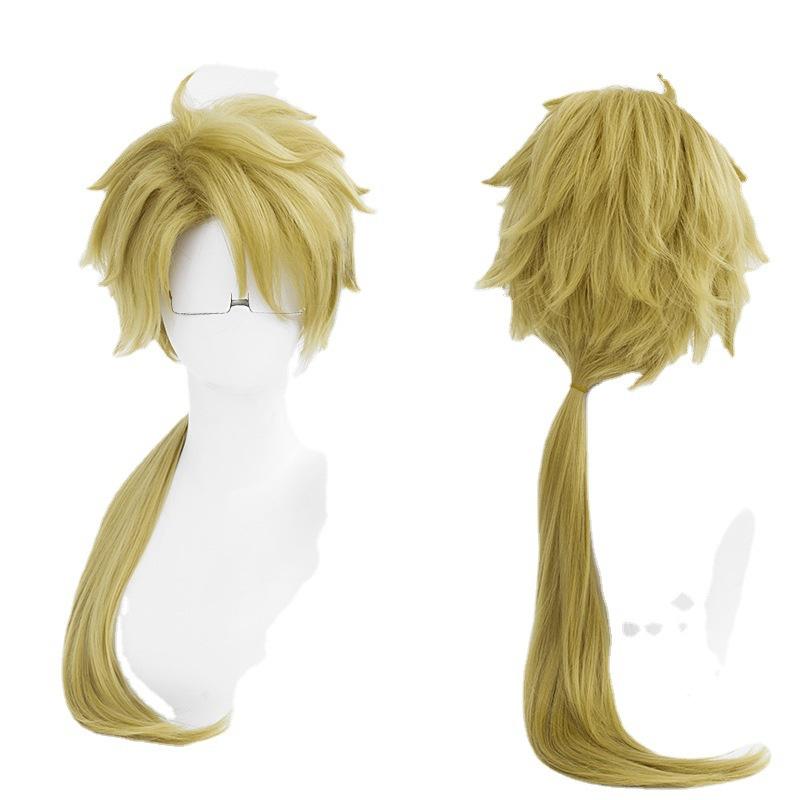 Doppo Kunikida Cosplay Wig Green Gold Long Ponytail Fluffy Heat Resistant Synthesis Hair Anime Cosplay Wigs + Wig Cap