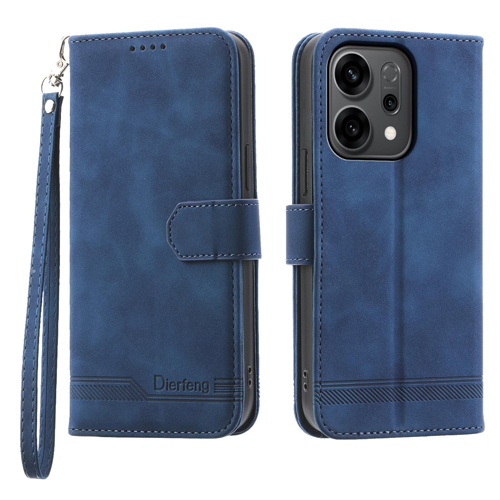 

DIERFENG DF-03 For Oppo Reno14 5G (Global) Case Lines Imprint Wallet Leather Phone Cover with Wrist Strap Blue