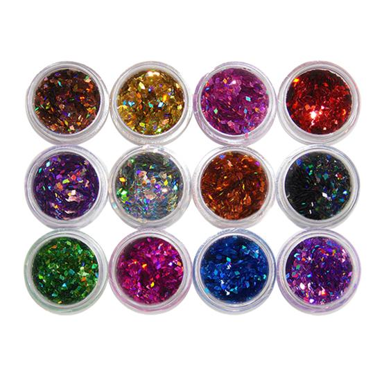 12 barev Nail Art 3D kosočtverec Třpytivý tvar Flitry Pudr Nehty Tip Dekorace