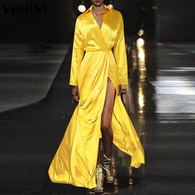 Women Fashion Solid Color Slit Satin Long Sleeve Shirt Dress