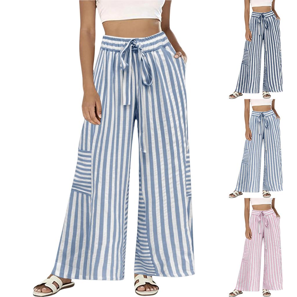 Women's Striped Loose Casual Comfortable High Waist Wide Leg Straight Drawstring Pocket Casual Pants