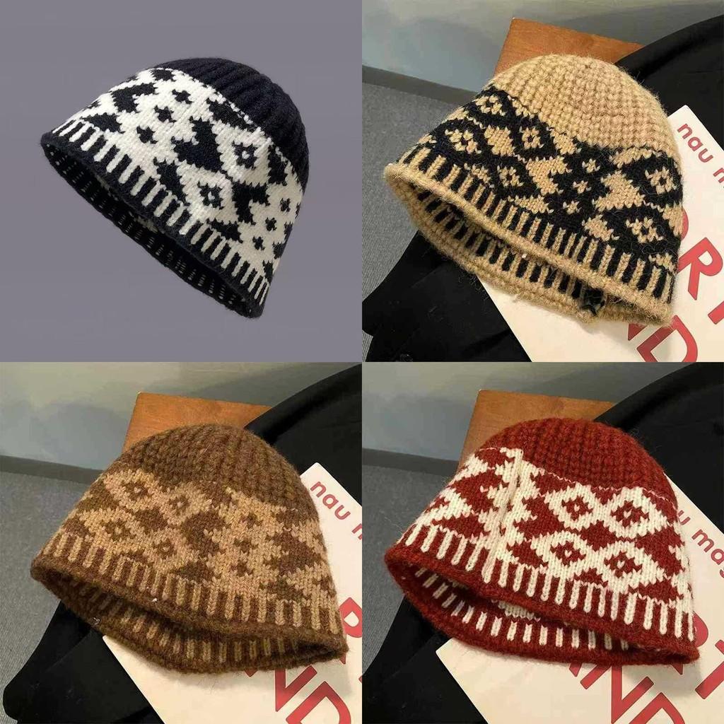 Rhombus Fisherman Hat Grid Pattern Cap Knitted Warmth Oversized Design Unisex