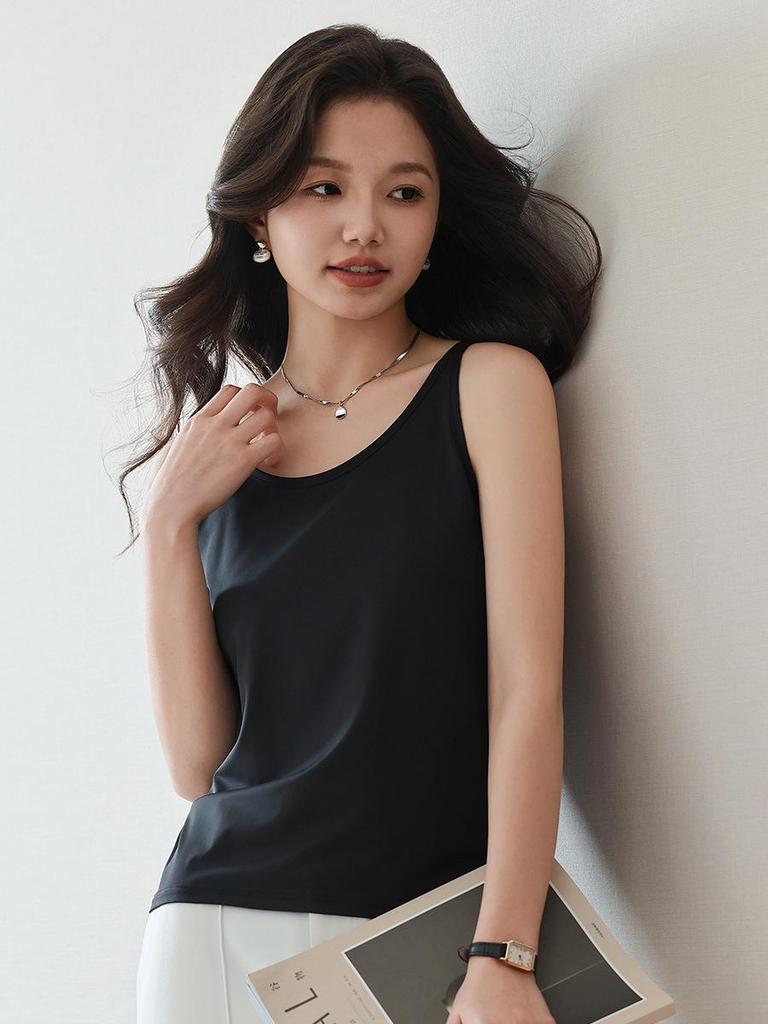 2026 New Arrival Women's Seamless U-Neck Ice Silk Camisole - One Size, Solid Color Sleeveless Top