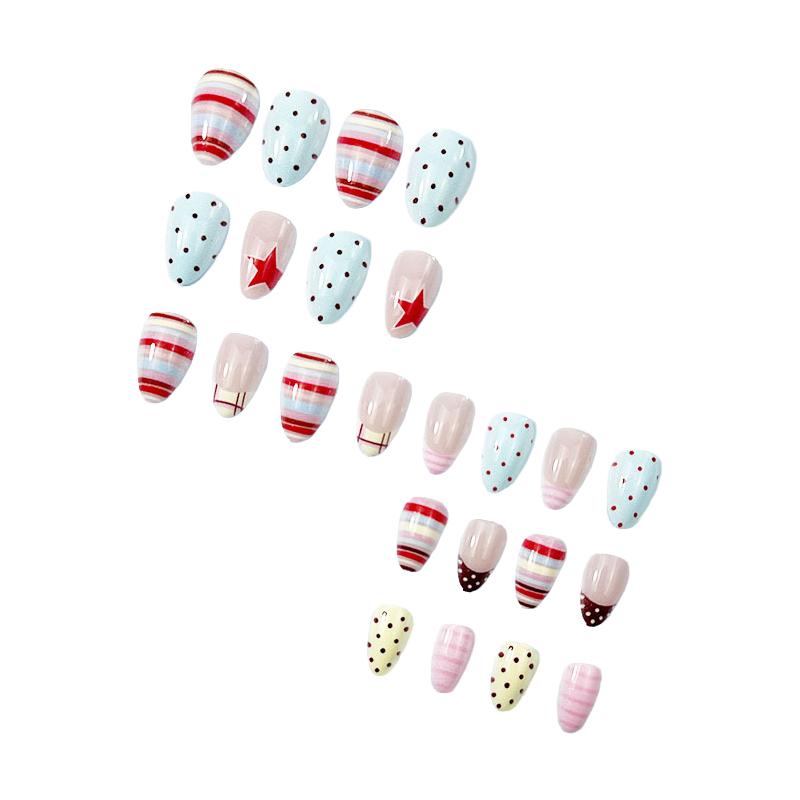 Press On Nails 24 Pieces Y2K Retro Style French Tips Striped Polka Dot Star Design Comfortable Fit For Daily And Party Use