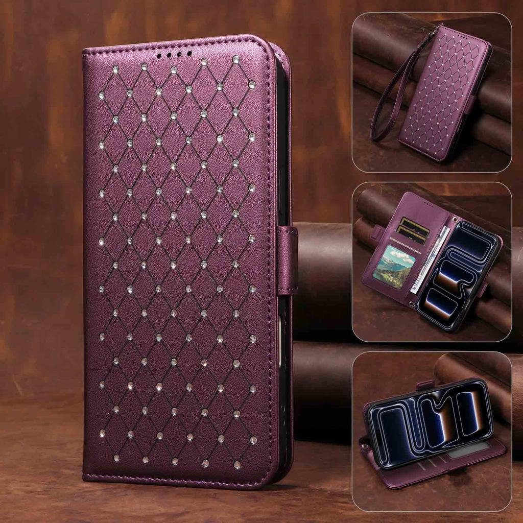 Applicable To Samsung S26 Leather Case A56 Xiaoxiangfeng Diamond-encrusted Card Wallet Oblique Span Protective Case A55 Gypsy Portable