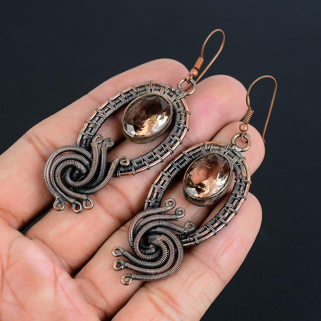 Morganite Earrings, Handmade Gemstone 999 Copper Wire Wrapped Earrings Antique Jewelry, For Engagement Gift