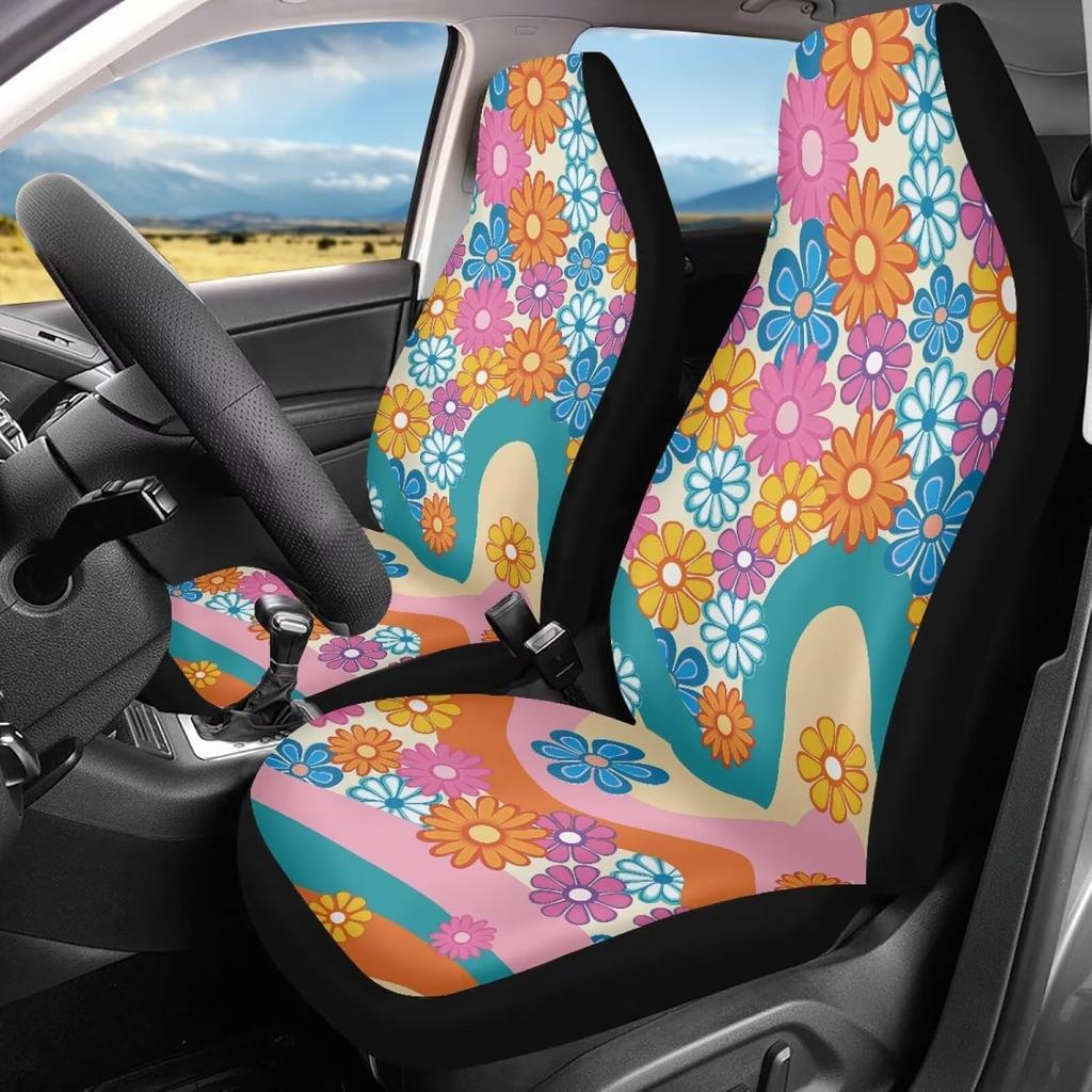 Bulopur Black Boho Floral Car Seat Covers Front Seats Only for Women Men Seat Covers w/Organizer Pocket for Cars SUV Truck Sedan