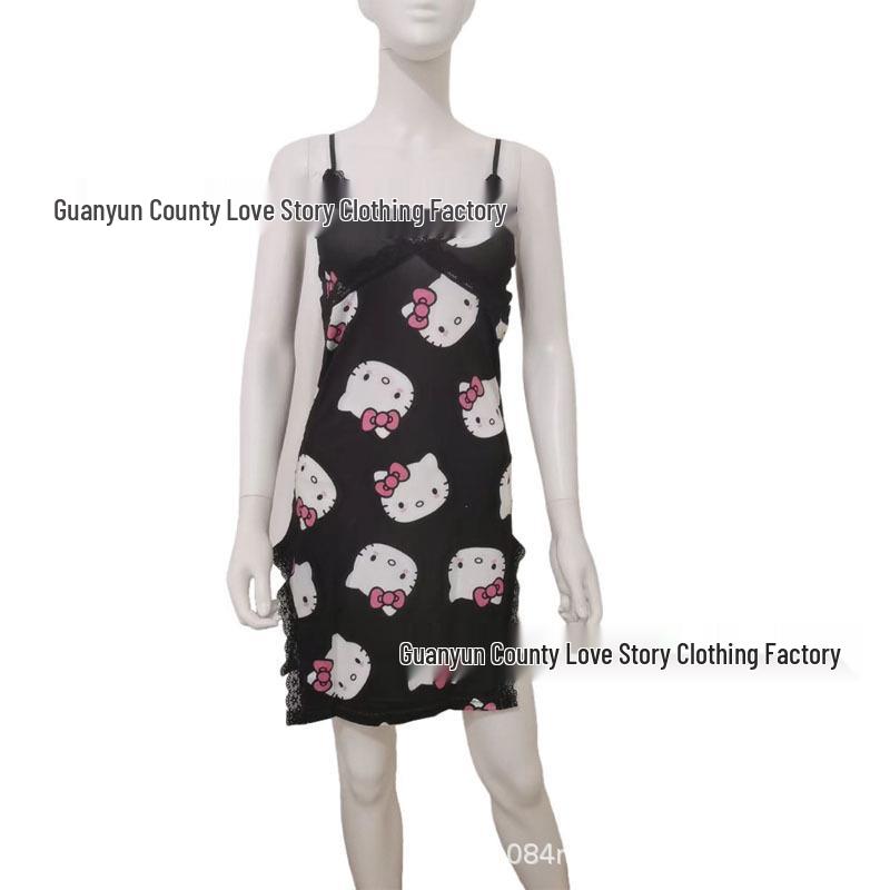 Cartoon Kitty Print Women s Milk Silk Nightgown Medium чёрный