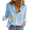 Women Fashion Cotton Linen Shirt Floral Print Long Sleeve Top Ladies Casual Stand-neck Buttoned Blouse