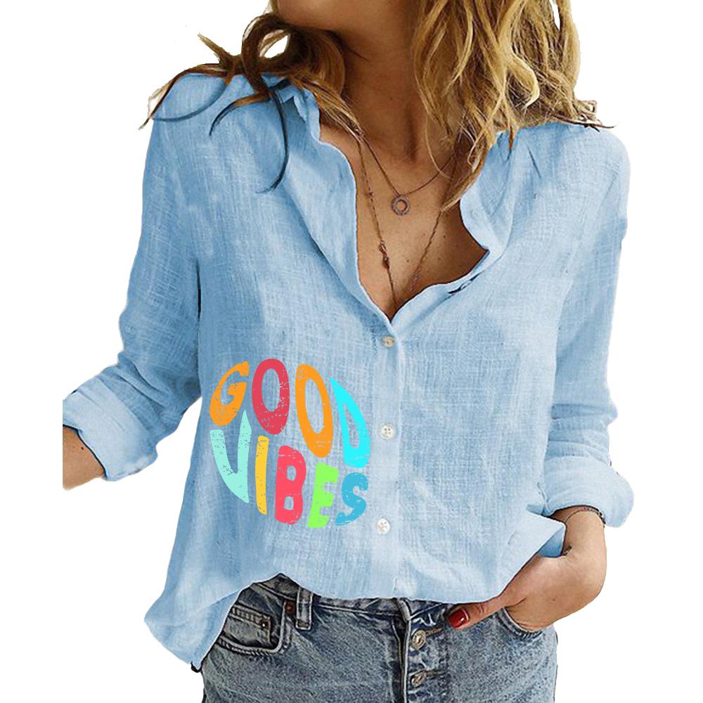 Women Fashion Cotton Linen Shirt Floral Print Long Sleeve Top Ladies Casual Stand-neck Buttoned Blouse