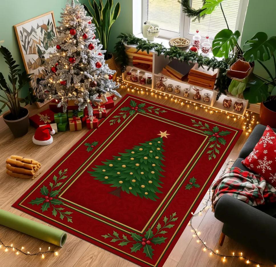 Christmas Decoration Carpet Christmas Tree Print Winter Warmth Rug Living Room Bedroom Non Slip Mat Christmas Decoration Gift