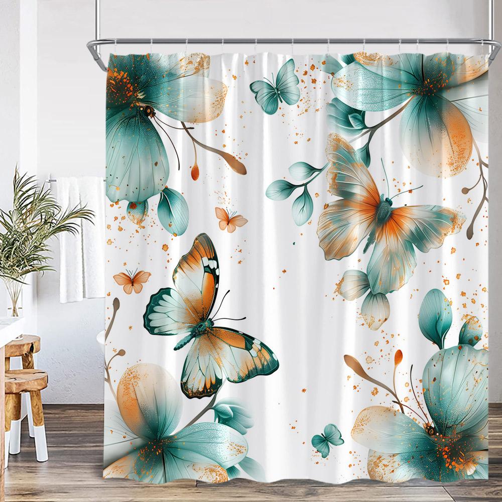 Butterfly Floral Shower Curtain Flower Plant Pink Purple Teal Butterflies Bathroom Decor Elegant Modern Polyester Bath Curtain