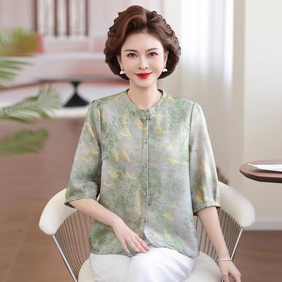 Mom's Chic Chinese-Style Chiffon Top: Summer 7-Sleeve Shirt for Middle-Aged Women