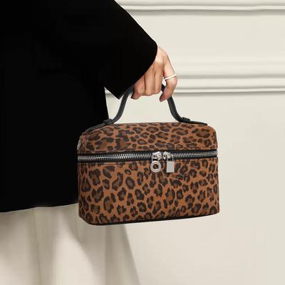 New Autumn and Winter Genuine Leather Leopard Print Makeup Bag Portable Handbag Large Capacity High-value Storage Bag