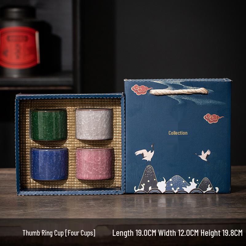 Ceramic Ice Flower Glaze Tea Cup Set: Water-Resistant, Large Thumb Ring, Four Seasons Gift Box.