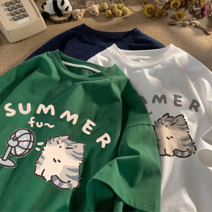 Fan Cat and Women Pure T-shirt for Men American Street Creative Blow Summer Relaxed Short Sleeve Couple Wear INS Top