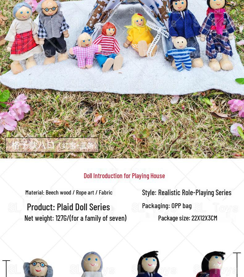 Plaid Handmade Fabric & Wood Grid Doll Figurines – Cute Mini Ornaments for Playhouse Decor