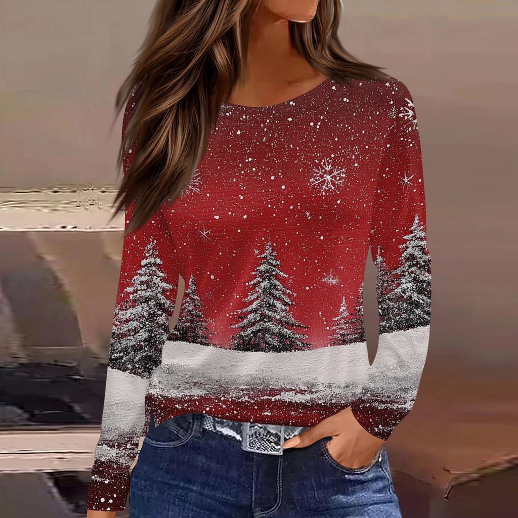 Women's Fashion Casual Slit Hem Round Neck Long Sleeve Loose Christmas Printed T-Shirt Ladies Top