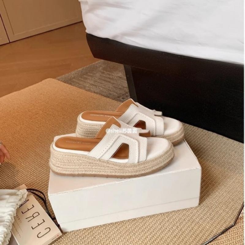 Urlaub H-Typ Hanfseil gewebt Keilabsatz Dicksohlige Badelatschen Damen Sandalen Sommer