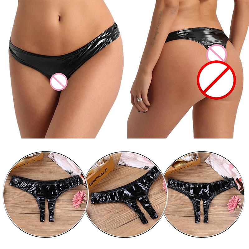 Women Lingerie Wet Look Patent Leather Open Crotch High Cut Mini Briefs Underwear