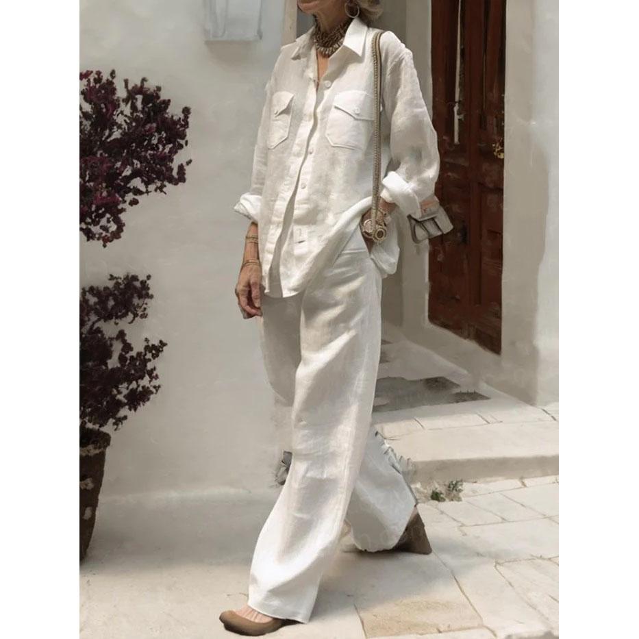 Fashion Loose Cotton Linen Trousers Green Sets Women's Spring Autumn Lapel Shirt Solid Pocket Wide Leg Pants Two Piece Sets