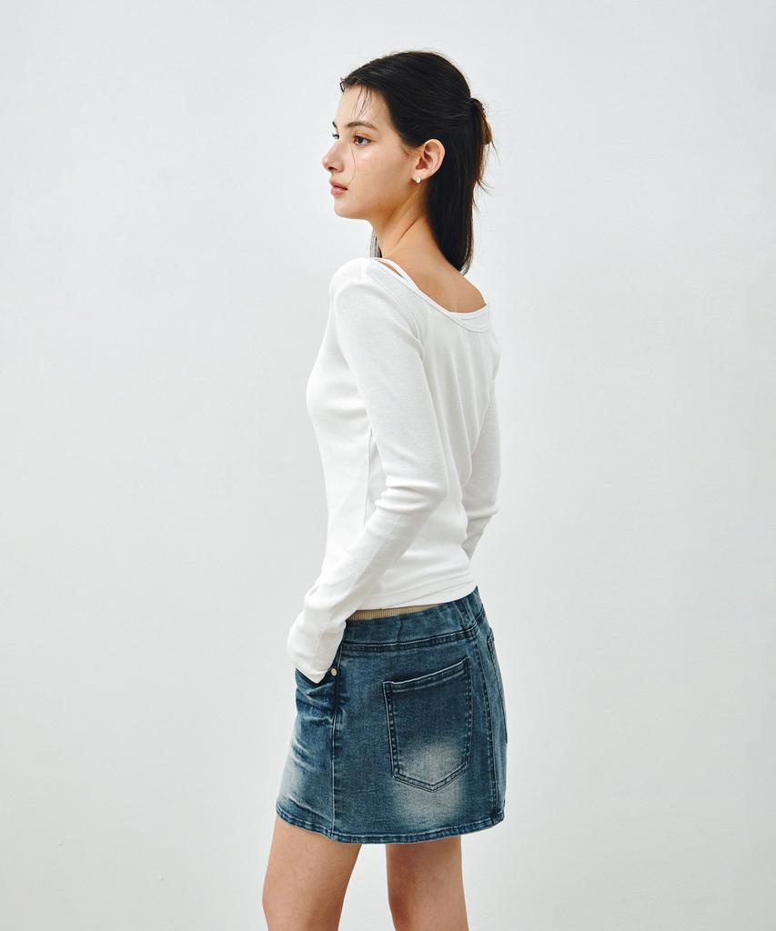 MONGDOL [Set] Boat Neck Layered Ribbed T-Shirt White Mdts087White