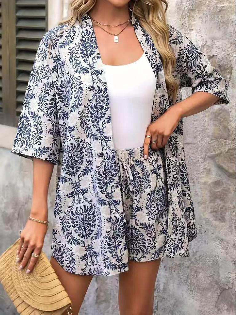 2025 Trendy Vacation Print Two-Piece Set: Elegant Short Sleeve Top & Tie-Waist High Waist Shorts