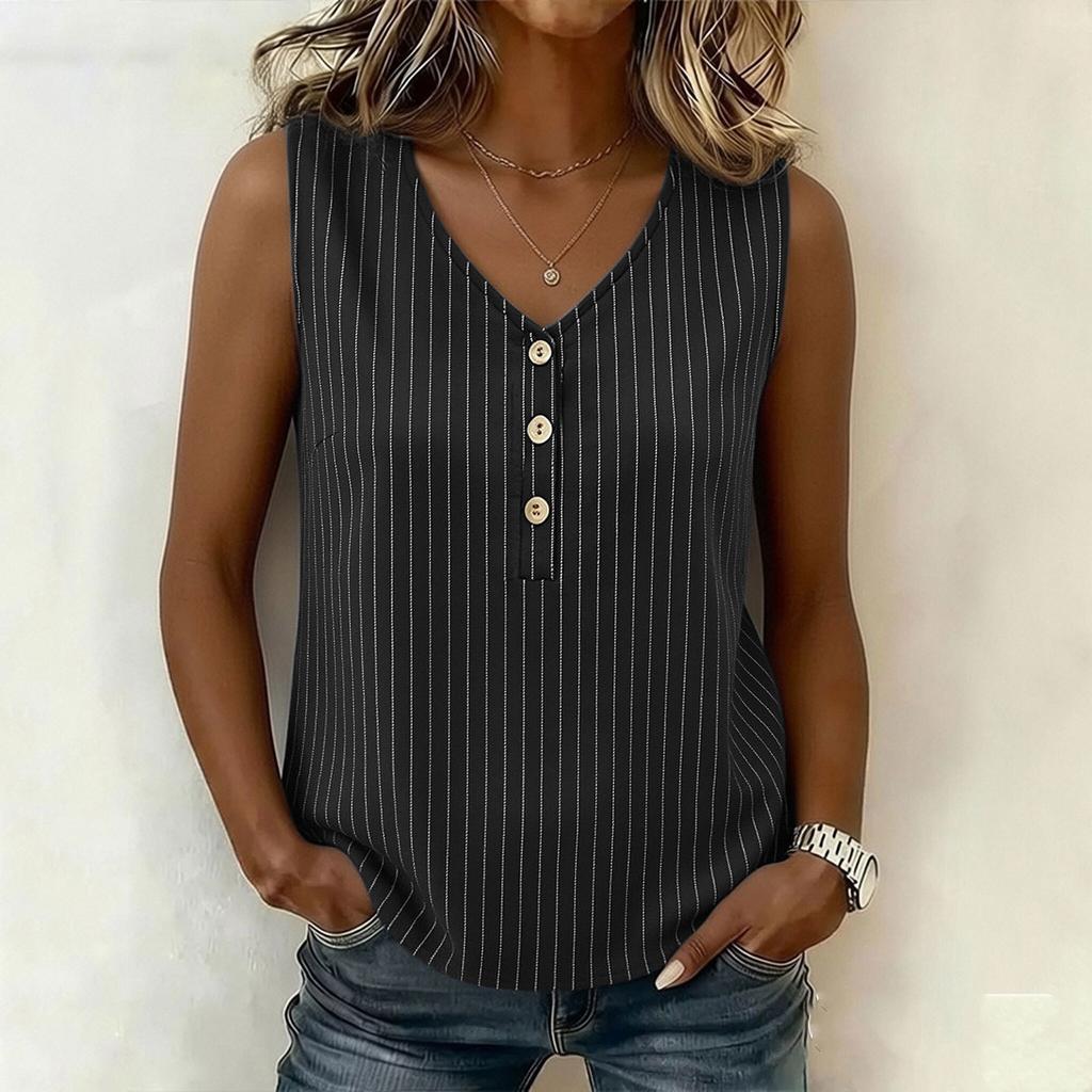 Women Sleeveless Pullover Top Loose Fit V Neck Button Detail Casual Summer Blouse Lightweight Breathable Fabric Comfortable Fit