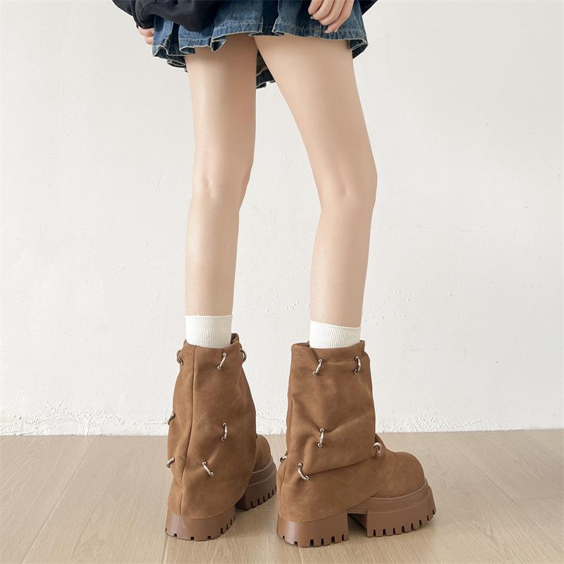 Fashion Winter Chunky Platform Heels Women Ankle Boots Punk Pleated Height Increase  Short Booties Shoes Zapatos Mujer